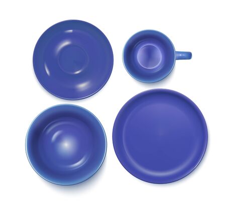 Blue Service Set: Plate, Soup-plate, Cup And Saucer. Top View. Vector Photo Realistic Illustration Isolated On Whiteのイラスト素材