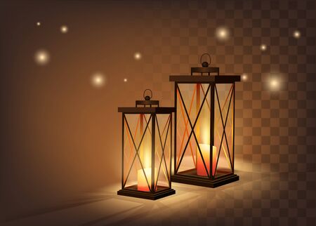 Cozy Vintage Candle Lanterns On Dark Transparent Background. Vetor Photo Realistic Illustrationのイラスト素材