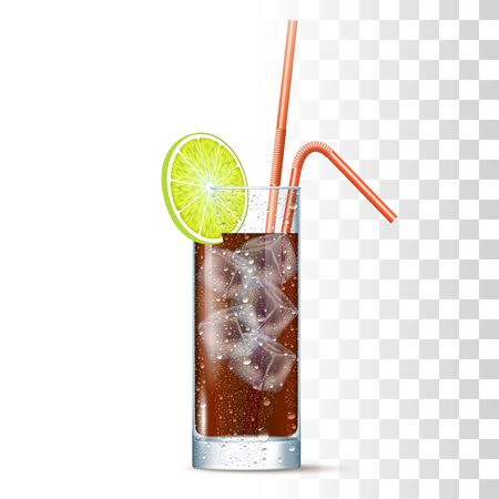 Long Island Cocktail Served In The Slightly Glass With Red Straws, Lime And Ice Cubes. Front View. 3d Photo Realistic Vector Illustration Isolated On Transparent Backgroundのイラスト素材