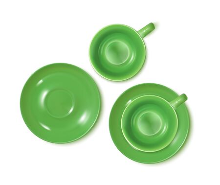 Green Tea Service Set Isolated On White. Top View. Vector Photo Realistic Illustrationのイラスト素材