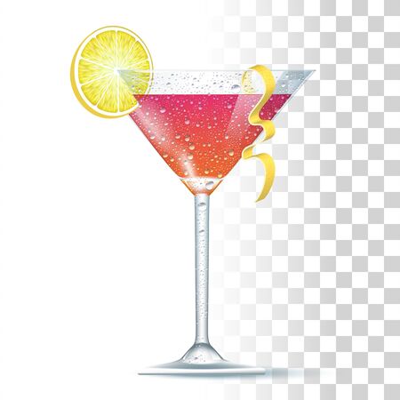 Cosmopolitan Cocktail Served In The Slightly Glass With Lemon Spiral. Front View. 3d Photo Realistic Vector Illustration Isolated On Transparent Backgroundのイラスト素材