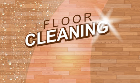 Wooden Wet Clean Floor With Realistic Water Drops. Before And After Vector Illustration. Household, Detergent Or Cleaning Flyer Templateのイラスト素材
