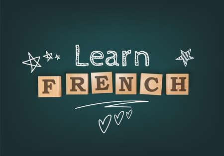 Learn French. Language Courses Template Background. Chalkboard Desk With Wooden Letter Blocks. Vector Editable Illustrationのイラスト素材