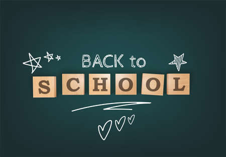 back to school. Chalkboard Desk With Wooden Letter Blocks. Bright Flyer Or Background Template. top view. vector illustrationのイラスト素材