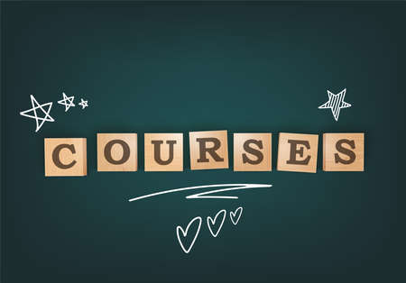 Course Template Background. Chalkboard Desk With Wooden Letter Blocks. Bright Flyer Or Background Template. top view. vector illustrationのイラスト素材