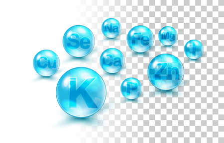 Mineral Complex Colorful Vector Design Concept Isolated On Transparent Background. Potassium, Iron, Calcium, Magnesium, Zinc, Phosphorus, Copper, Iodine, Manganese, Selenium, Sodium.のイラスト素材