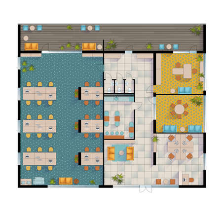 Contemporary Office Floor Plan. Color And Bright Rendering. top viewの写真素材