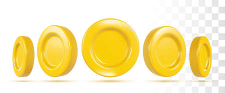 3d Golden Shiny Coins Icons. Vector Realistic Render Isolated On Transparent Background. Perspective Close Up Viewのイラスト素材