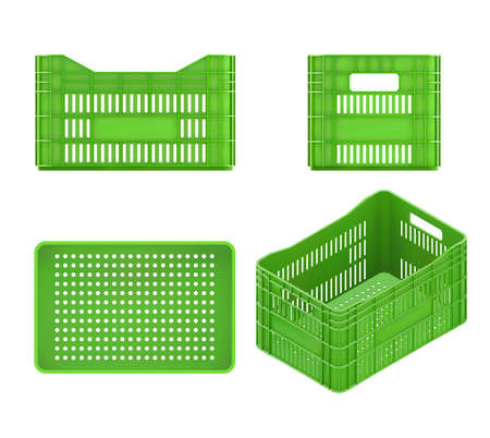 3d Green Plastic Vegetable Crates Set. Vector Photo Realistic Mockup Isolated On White Background. Front, Top, Back And Isometric Viewsのイラスト素材