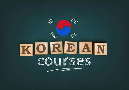 Korean courses. Language Course Template Background. Chalkboard Desk With Wooden Letter Blocks. Vector Editable Illustrationのイラスト素材