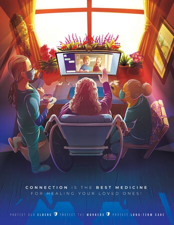 Vector illustration of long term care facilities concept to make awareness about their workers works in assisting a vulnerable and disabled person in pandemic crisisのイラスト素材