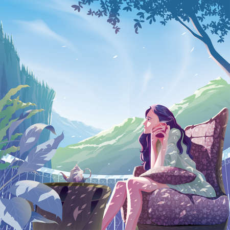 A beautiful lady is relaxing and enjoying her coffee on the balcony with mountain scenery in vector illustrationのイラスト素材
