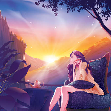 A beautiful lady is relaxing and enjoying her coffee on the balcony with mountain scenery in vector illustrationのイラスト素材