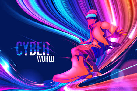 Theme design of a woman wearing VR headset experience geting into the digital world in vector...