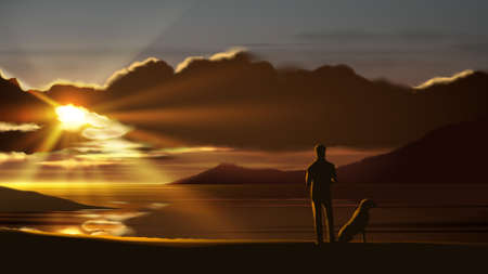 Scenery vector illustration of a man is casually standing with his beloved dog at the seashore with a beautiful sunset.のイラスト素材