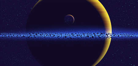 Science vector illustration of a giant ring planet with its orbiting habitable moon