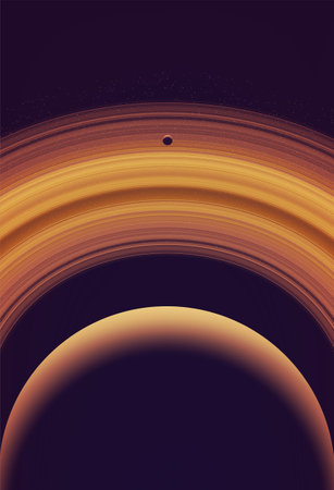 Science vector illustration of a giant ring planet with its orbiting moon