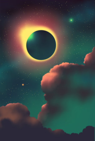 vector illustration of cumulonimbus clouds at night with a background of starry night and eclipse moonのイラスト素材