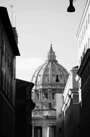 Rome : View of the dome of the Basilica of Saint Peter in Vatican city, Italy. Black and white.の写真素材