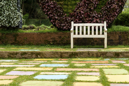 Wooden bench in gardenの写真素材