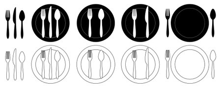 fork spoon knife plate cutlery icon set isolated on white backgroundのイラスト素材