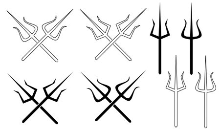 outline silhouette crossed trident icon set isolated on white backgroundのイラスト素材