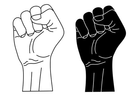 outline Silhouette raised fist hand set isolated on white backgroundのイラスト素材