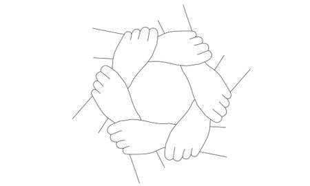 outline six hands hold together icon set isolated on white background. Symbol of team work, support, charity organization and donation communityのイラスト素材