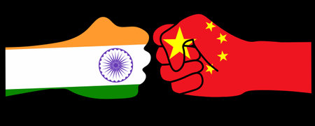 hand fist with india china flag isolated on black background.Conflict between India and China illustrationのイラスト素材