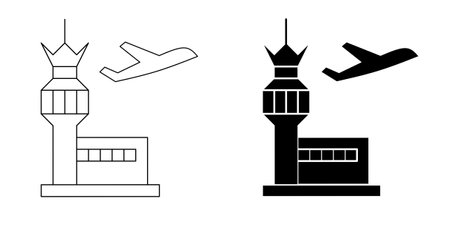 control tower airport or military base icon set isolated on white background.outline silhouette Flight control tower flat iconのイラスト素材