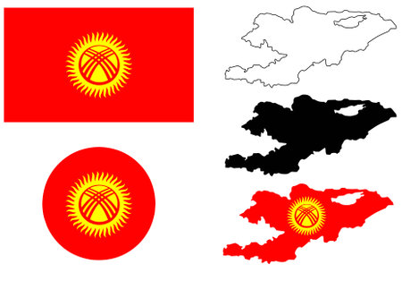 Kyrgyz Republic map flag icon set isolated on white backgroundのイラスト素材