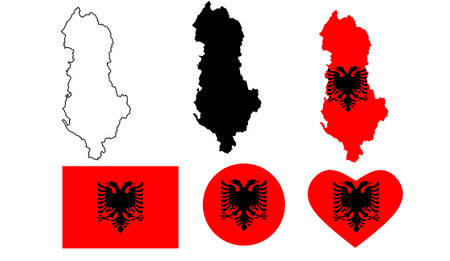 Republic of Albania map flag icon set isolated on white backgroundのイラスト素材