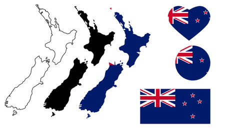 New Zealand map flag icon set isolated on white backgroundのイラスト素材