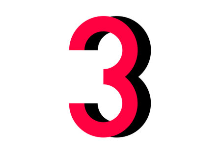 red Number Three, 3 on retro poster with black shadow