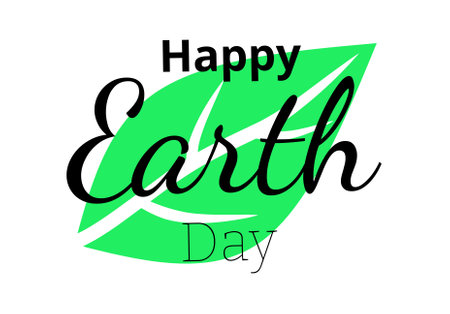 Happy Earth Day hand lettering with green leaf isolated on white backgroundのイラスト素材