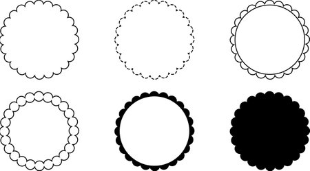 black white round scalloped frame setのイラスト素材