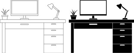 outline silhouette office desk icon setのイラスト素材