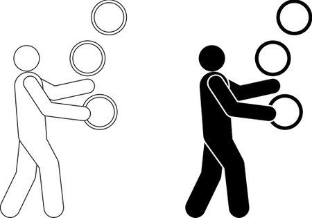 Side view of a stick figure juggling three rings, shown as a minimal vector icon in both outline and silhouette styleのイラスト素材