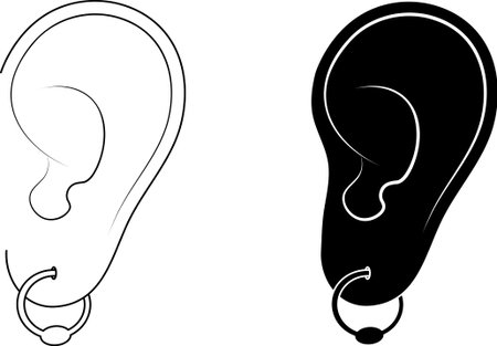 A simple vector icon of a human ear wearing a hoop earring. Includes both outline and solid black versions. Perfect for topics related to body accessories, jewelry, piercing, ear aのイラスト素材
