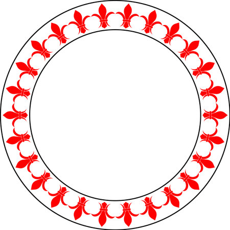 Elegant circular frame with red fleur-de-lis ornament, creating a classic decorative borderのイラスト素材