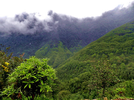 Cloud covered green mountain.