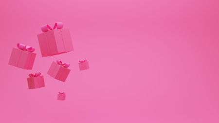Pink gift box floating in the air with ribbon on pink background.