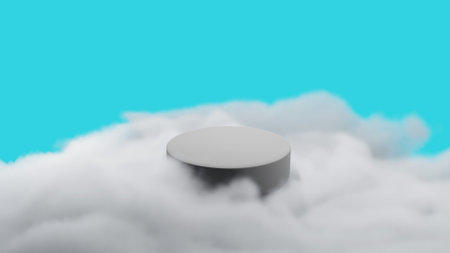 Product display podium in gray clouds, blue sky background, 3D renderingの写真素材