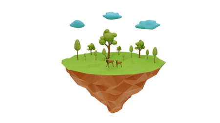 low polygon island of a pair of deer and green nature 3dの写真素材
