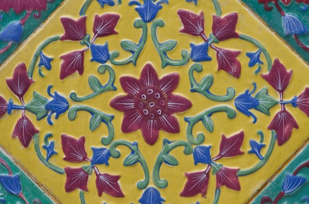 ancient ceramic tiles on the wall of wat, bangkok, thailand