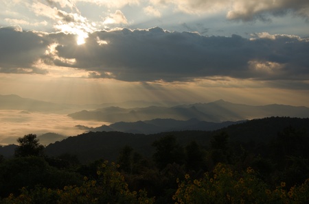 Huai Nam Dung. Beautiful Sunrise with sea of mist in the Northern of Thailand,  Chiang Mai ,thailand