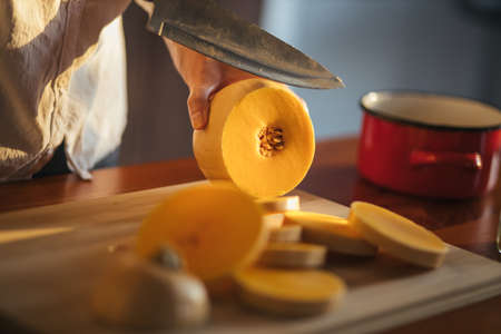 Female chef cutting pumpkin on a wooden boardの写真素材