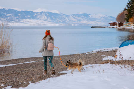 Woman walking her dog on a lake shore in winterの写真素材