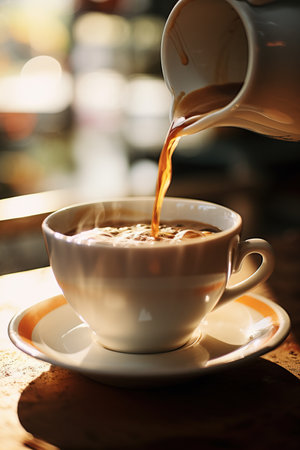 Pouring espresso coffee in a cupの写真素材