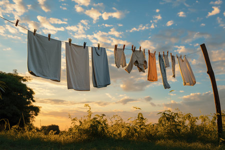 Clothes drying on a wireの写真素材